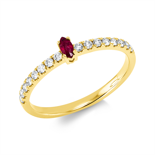 Ring 18 kt GG, 16 Brill. 0,23 ct, W-si, 1 Rubin 0,11 ct rot