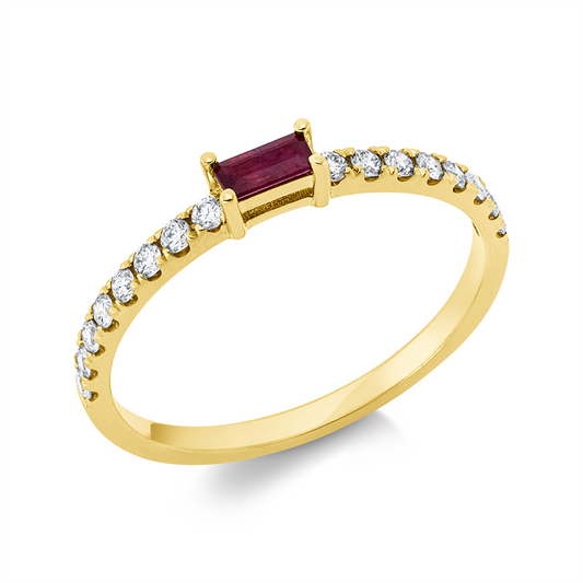 Ring 18 kt GG, 16 Brill. 0,22 ct, W-si, 1 Rubin 0,15 ct rot