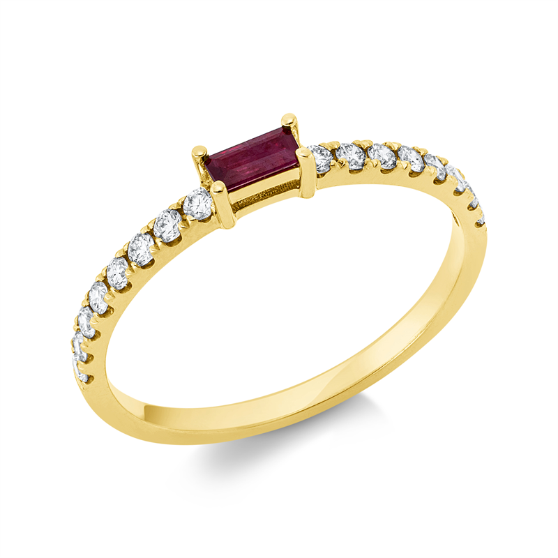 Ring 18 kt GG, 16 Brill. 0,22 ct, W-si, 1 Rubin 0,14 ct rot