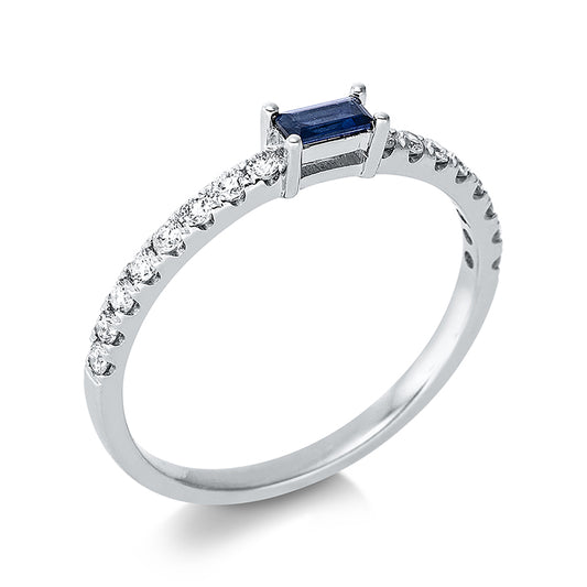 Ring 18 kt WG, 16 Brill. 0,23 ct, W-si, 1 Saphir 0,18 ct blau