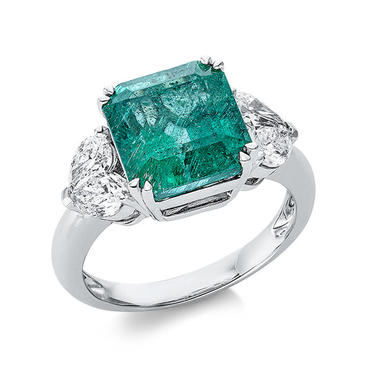 Ring 18 kt WG, 4 Tropfen 0,94 ct, TW-vsi/si, 1 Smaragd 4,53 ct grün
