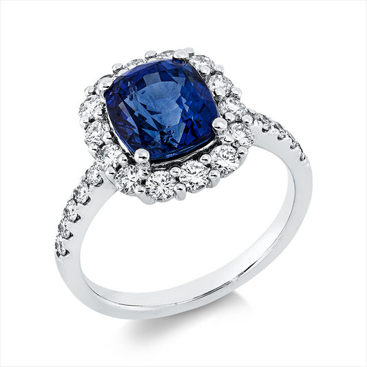 Ring 18 kt WG, 24 Brill. 0,74 ct, TW-si, 1 Saphir 3,77 ct blau