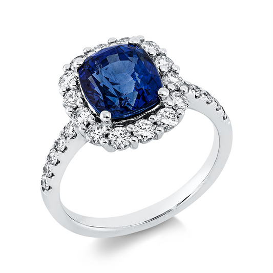 Ring 18 kt WG, 24 Brill. 0,74 ct, TW-si, 1 Saphir 3,77 ct blau