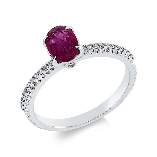 Ring 18 kt WG, 26 Brill. 0,10 ct, TW-si, 1 Rubin 0,94 ct rot