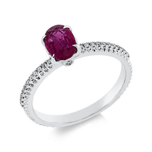 Ring 18 kt WG, 26 Brill. 0,10 ct, TW-si, 1 Rubin 0,94 ct rot