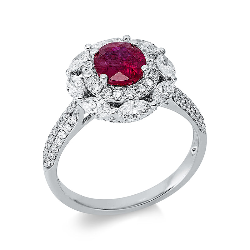 Ring 18 kt WG, 8 Nav. 0,60 ct, TW-si, 80 Brill. 0,52 ct, TW-si, 1 Rubin 1,34 ct rot