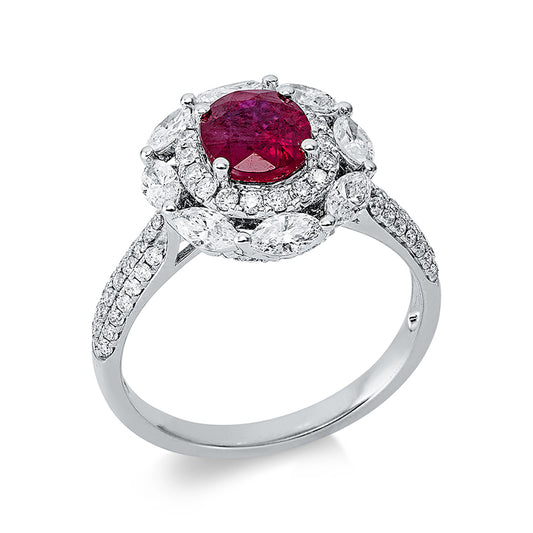 Ring 18 kt WG, 8 Nav. 0,60 ct, TW-si, 80 Brill. 0,52 ct, TW-si, 1 Rubin 1,34 ct rot