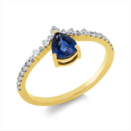 Ring 18 kt GG+WG, 23 Brill. 0,20 ct, W-pi, 1 Saphir 0,75 ct blau