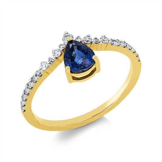 Ring 18 kt GG+WG, 23 Brill. 0,20 ct, W-pi, 1 Saphir 0,84 ct blau