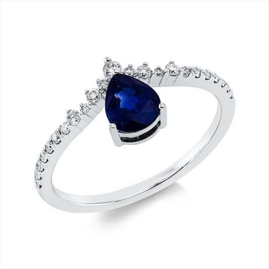 Ring 18 kt WG, 23 Brill. 0,20 ct, W-pi, 1 Saphir 0,73 ct blau