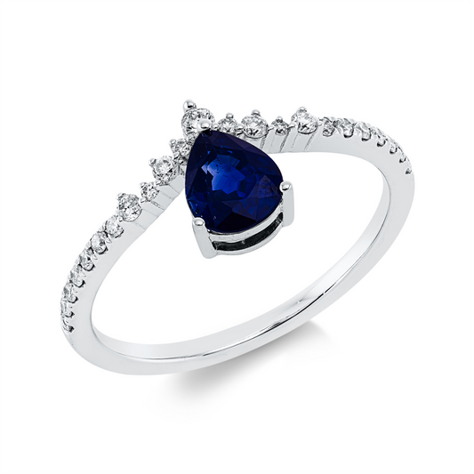 Ring 18 kt WG, 23 Brill. 0,20 ct, W-pi, 1 Saphir 0,73 ct blau