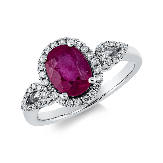 Ring 18 kt WG, 44 Brill. 0,25 ct, W-pi, 1 Rubin 2,09 ct rot