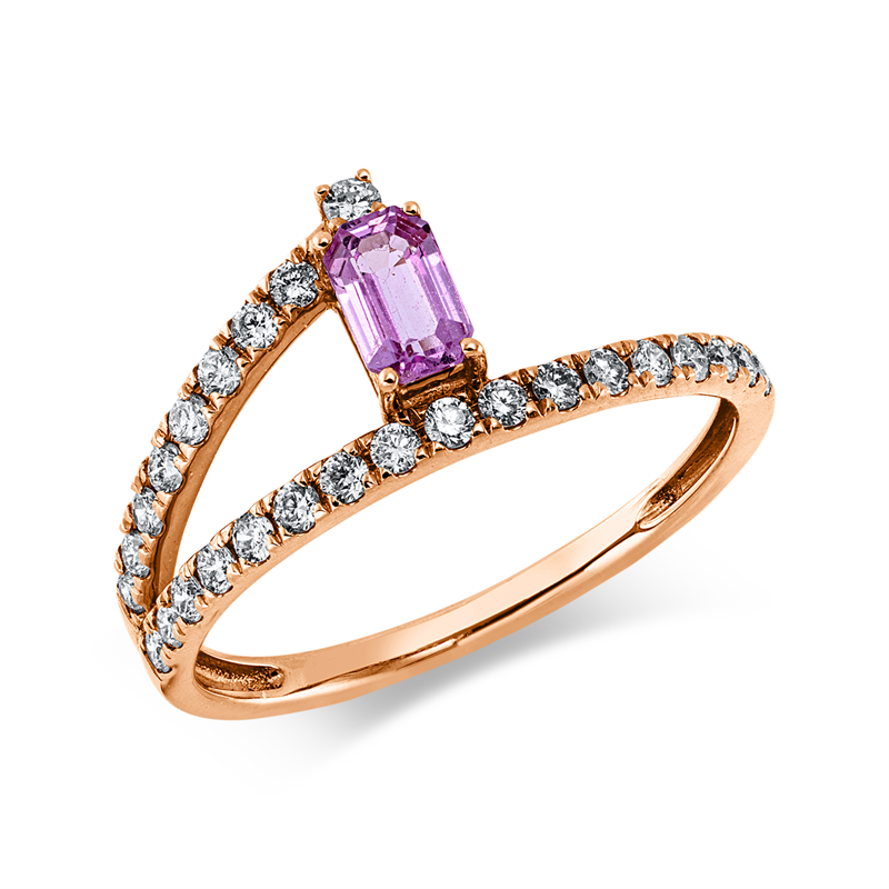 Ring 18 kt RG, 26 Brill. 0,32 ct, W-pi, 1 Saphir 0,39 ct pink
