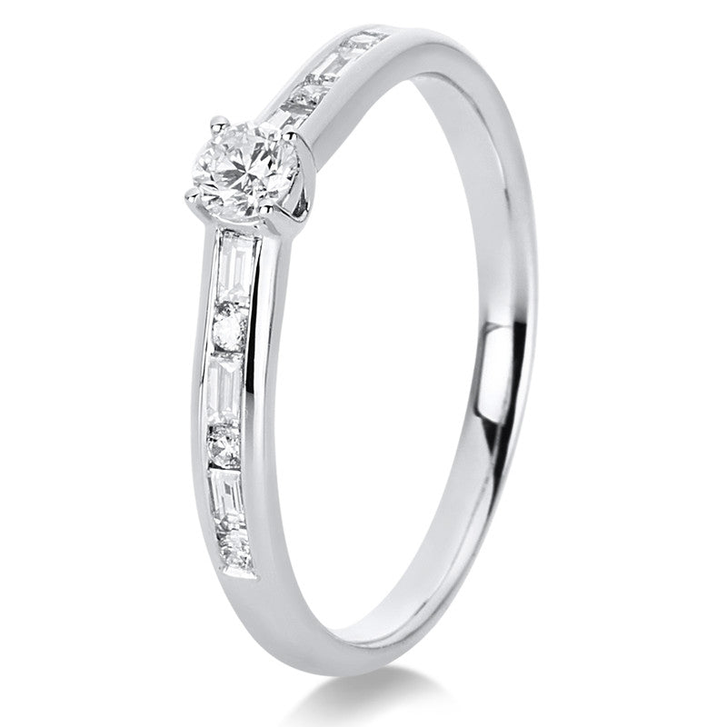 Ring 18 kt WG, 6 Brill. 0,05 ct, TW-si, 1 Brill. 0,15 ct, TW-si, 6 Bag. 0,15 ct, TW-si