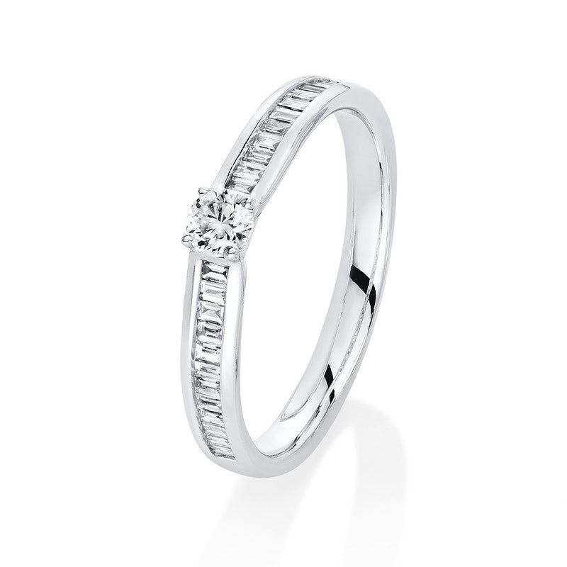 Ring 18 kt WG, 1 Brill. 0,10 ct, TW-si, 20 Bag. 0,23 ct, TW-si