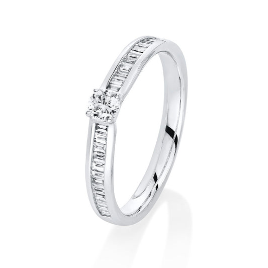 Ring 14 kt WG, 1 Brill. 0,10 ct, TW-si, 22 Bag. 0,23 ct, TW-si