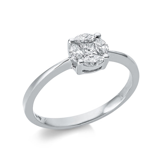 Ring 18 kt WG, 1 Princ. 0,10 ct, TW-si, 4 Nav. 0,32 ct, TW-si