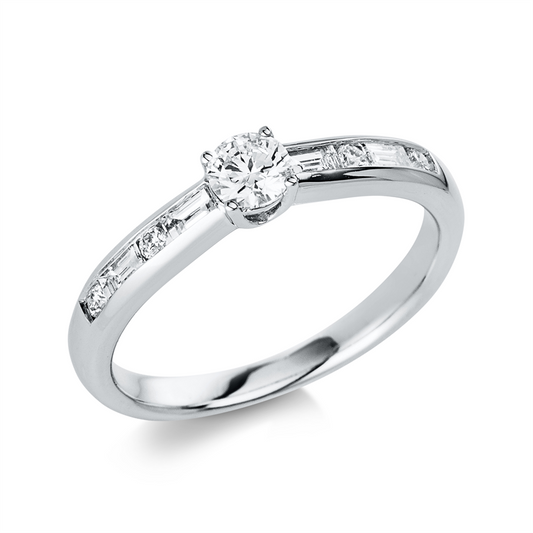 Ring 14 kt WG, 4 Brill. 0,07 ct, TW-si, 1 Brill. 0,25 ct, TW-si, 4 Bag. 0,19 ct, TW-si
