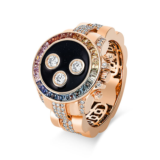 Ring 18 kt RG,3 Brill.0,17ct,144 Brill.0,42ct,TW-si, 1 Emaille 0,20ct schwarz,30 Saphire 0,66ct multicolor