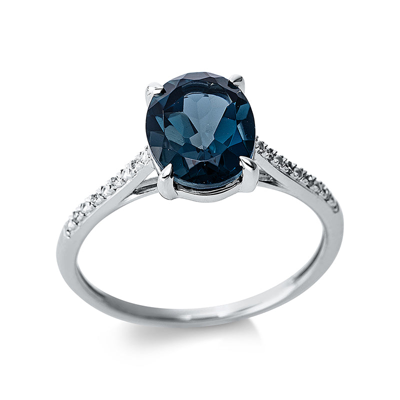 Ring 14 kt WG, 8 Dia. 0,03 ct, TW-si, 1 Topas 2,29 ct Lond. blue