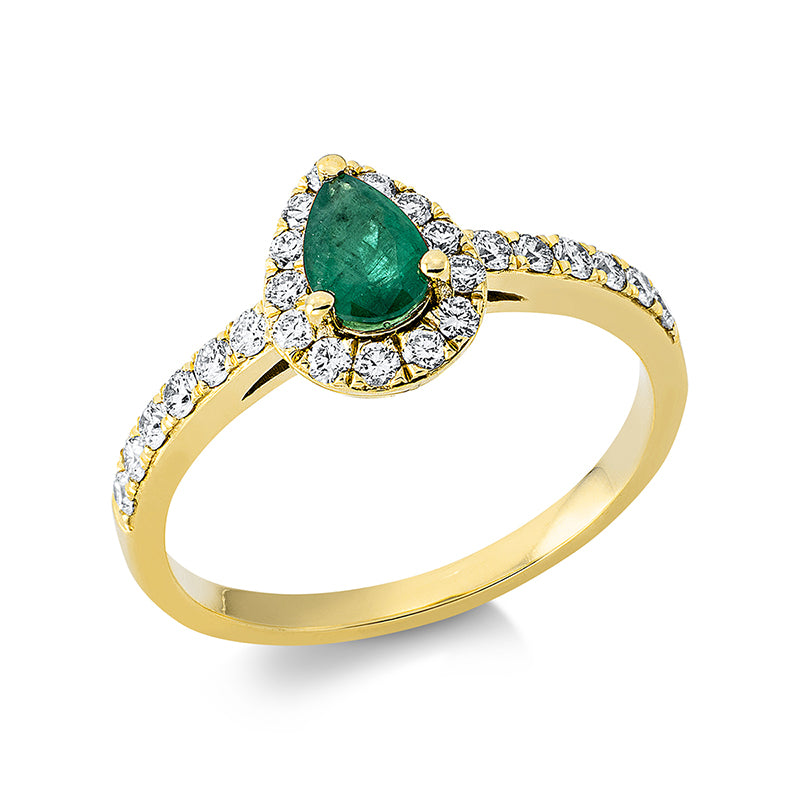 Ring 18 kt GG, 25 Brill. 0,41 ct, TW-si, 1 Smaragd 0,34 ct grün