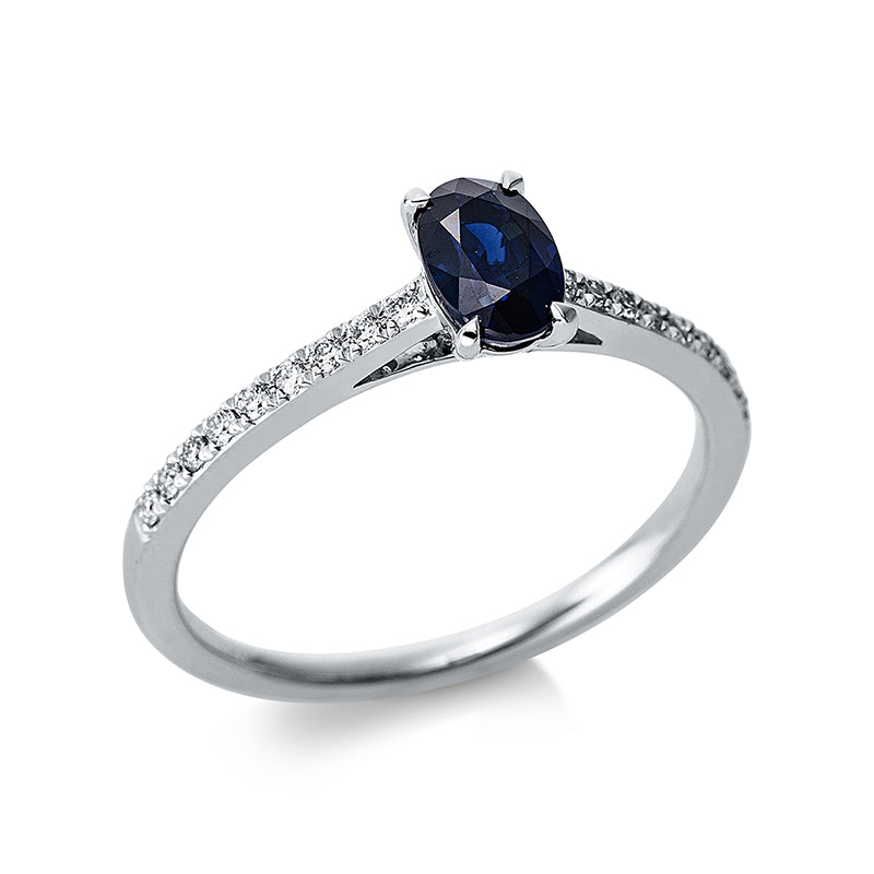 Ring 18 kt WG, 18 Brill. 0,12 ct, TW-si, 1 Saphir 0,58 ct blau