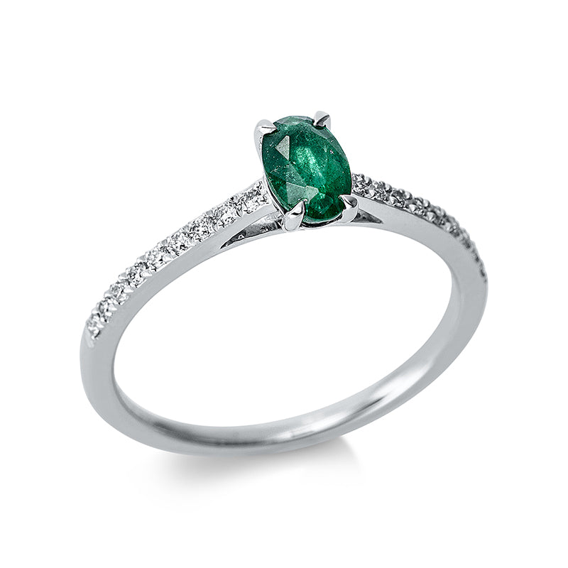 Ring 18 kt WG, 18 Brill. 0,12 ct, TW-si, 1 Smaragd 0,38 ct grün