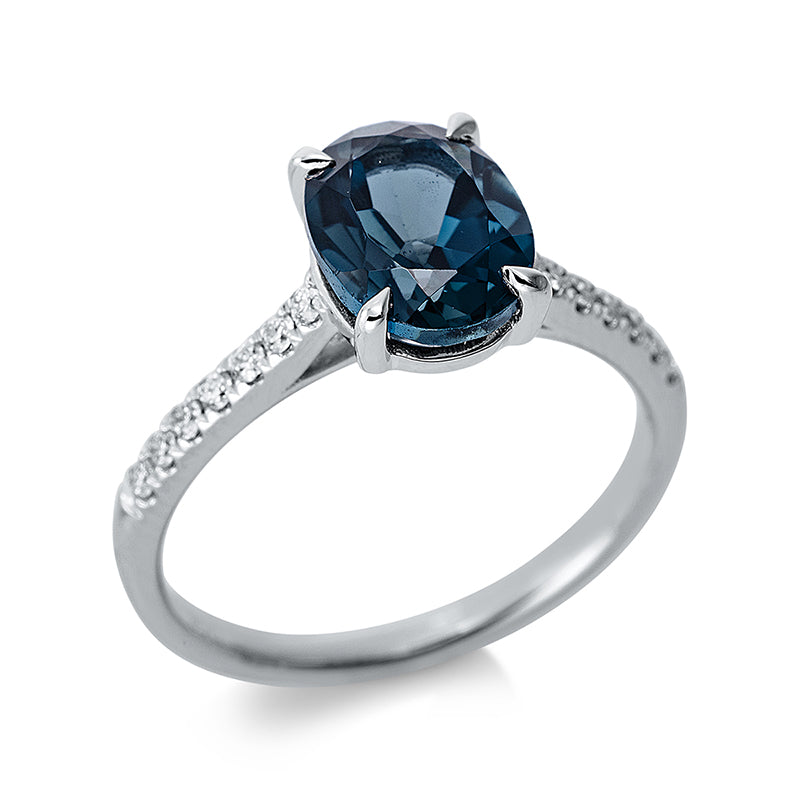Ring 18 kt WG, 14 Brill. 0,15 ct, TW-si, 1 Topas 2,08 ct Lond. blue