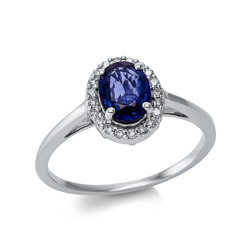 Ring 18 kt WG, 20 Brill. 0,10 ct, TW-si, 1 Saphir 0,74 ct blau