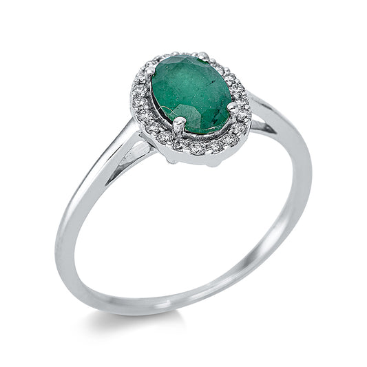 Ring 18 kt WG, 20 Brill. 0,10 ct, TW-si, 1 Smaragd 0,74 ct grün