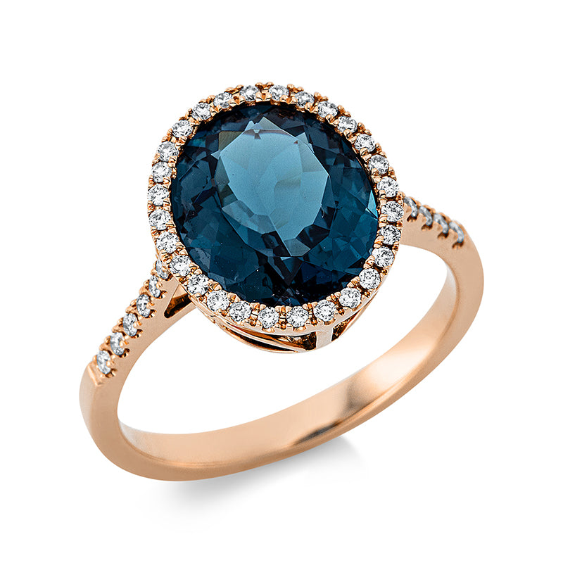 Ring 18 kt RG, 40 Brill. 0,23 ct, TW-si, 1 Topas 4,40 ct Lond. blue