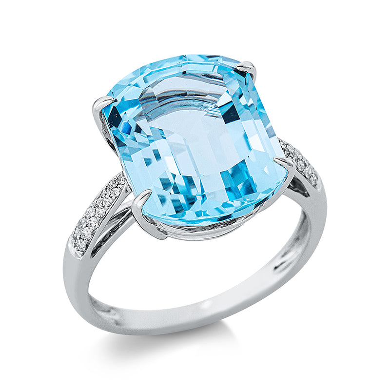 Ring 18 kt WG, 26 Brill. 0,12 ct, TW-si, 1 Topas 11,20 ct sky blue