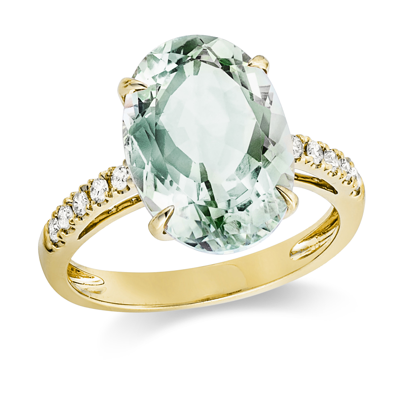 Ring 18 kt GG, 10 Brill. 0,20 ct, TW-si, 1 Amethyst 5,60 ct grün