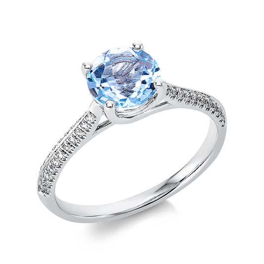 Ring 18 kt WG, 44 Brill. 0,14 ct, TW-si, 1 Topas 1,55 ct sky blue