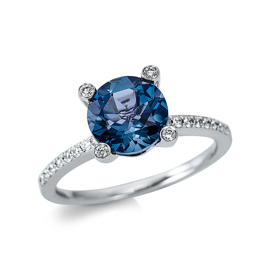 Ring 18 kt WG, 4 Brill. 0,03 ct, TW-si, 32 Brill. 0,19 ct, TW-si, 1 Topas 2,19 ct Lond. blue