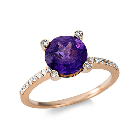 Ring 18 kt RG, 4 Brill. 0,04 ct, TW-si, 32 Brill. 0,19 ct, TW-si, 1 Amethyst 2,00 ct lila
