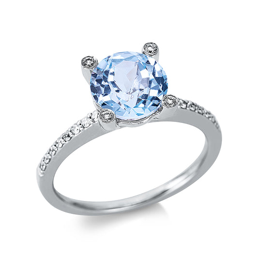 Ring 18 kt WG, 4 Brill. 0,03 ct, TW-si, 32 Brill. 0,19 ct, TW-si, 1 Topas 2,58 ct sky blue