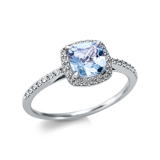 Ring 18 kt WG, 34 Brill. 0,18 ct, TW-si, 1 Topas 0,90 ct sky blue