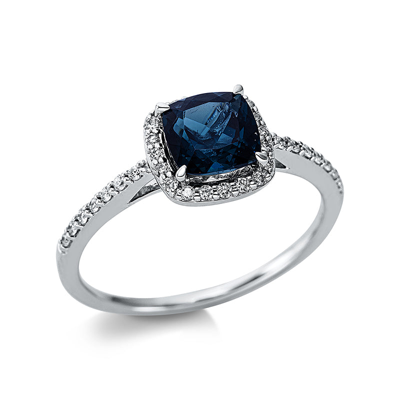 Ring 18 kt WG, 34 Brill. 0,18 ct, TW-si, 1 Topas 1,14 ct Lond. blue