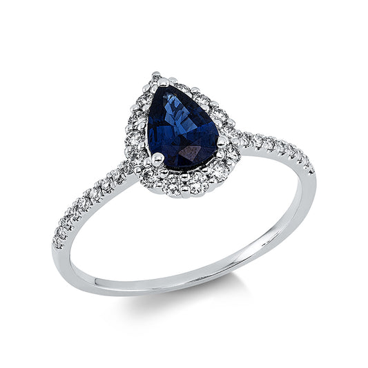 Ring 18 kt WG, 14 Brill. 0,20 ct, TW-si, 18 Brill. 0,09 ct, TW-si, 1 Saphir 0,88 ct blau