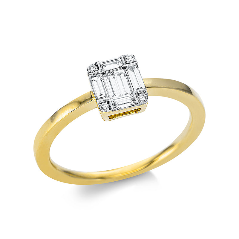 Ring 18 kt GG, Fassung rhodiniert, 6 Bag. 0,23 ct, TW-si, 4 Brill. 0,03 ct, TW-si