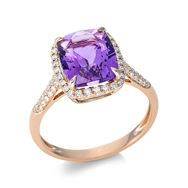 Ring 18 kt RG, 66 Brill. 0,27 ct, TW-si, 1 Amethyst 3,20 ct lila