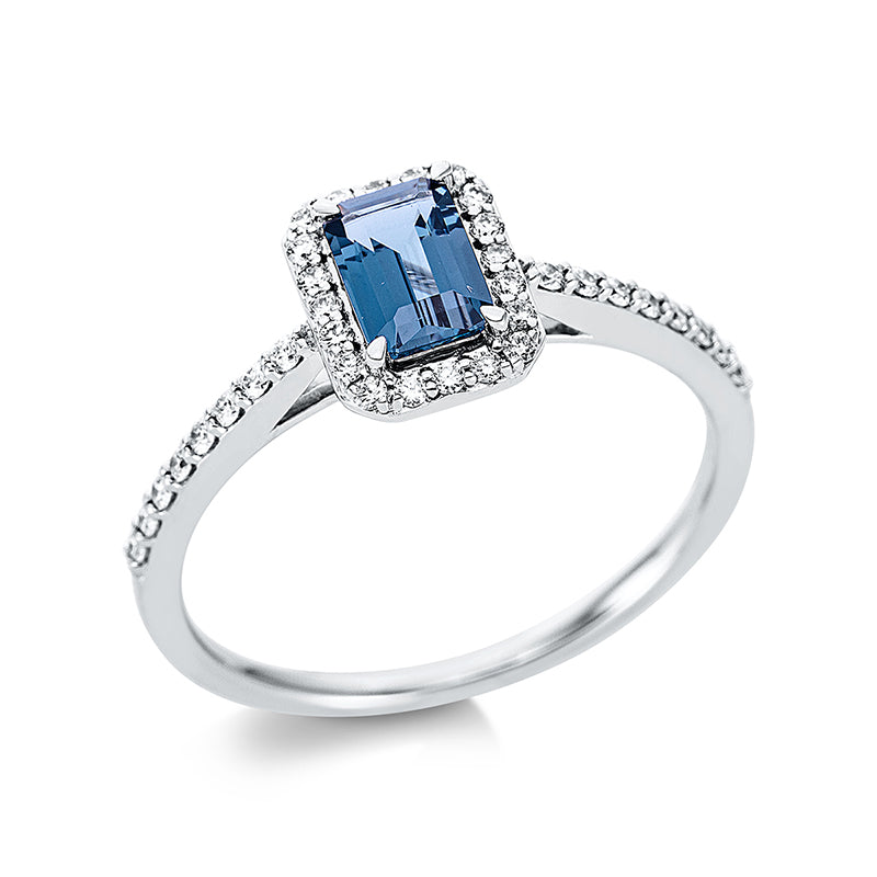 Ring 18 kt WG, 36 Brill. 0,19 ct, TW-si, 1 Topas 0,60 ct Lond. blue