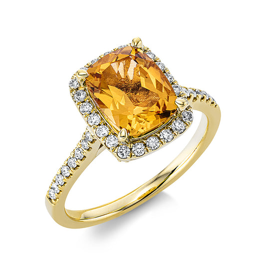 Ring 18 kt GG, 18 Brill. 0,15 ct, TW-si, 32 Brill. 0,21 ct, TW-si, 1 Citrin 1,92 ct gelb