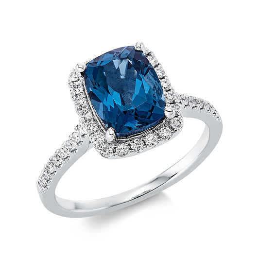 Ring 18 kt WG, 18 Brill. 0,15 ct, TW-si, 32 Brill. 0,20 ct, TW-si, 1 Topas 2,57 ct Lond. blue