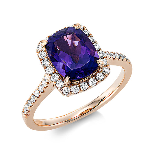 Ring 18 kt RG, 18 Brill. 0,16 ct, TW-si, 32 Brill. 0,20 ct, TW-si, 1 Amethyst 1,89 ct lila