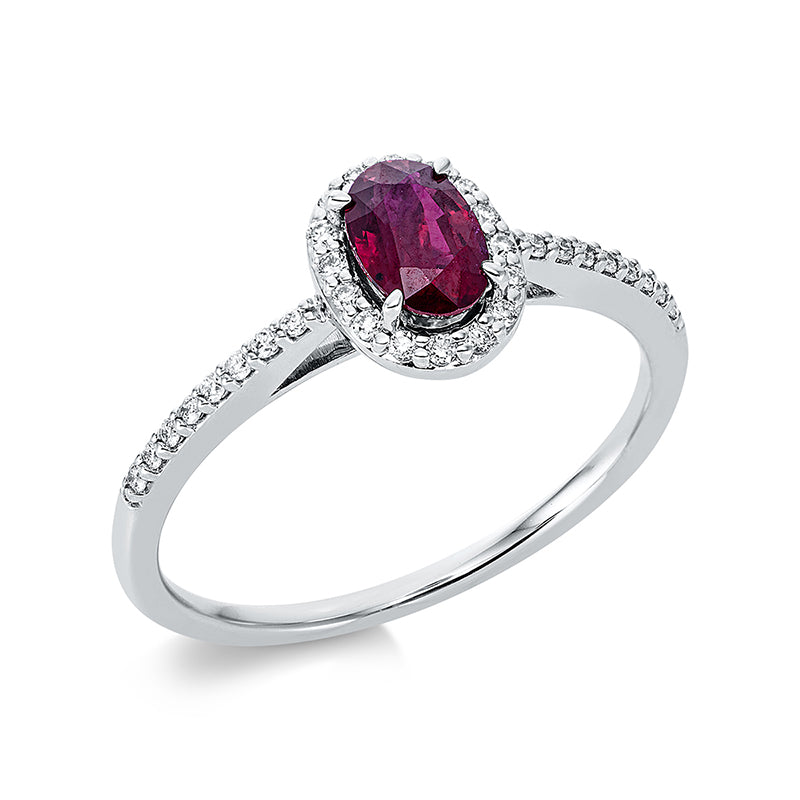 Ring 18 kt WG, 32 Brill. 0,14 ct, TW-si, 1 Rubin 0,49 ct rot