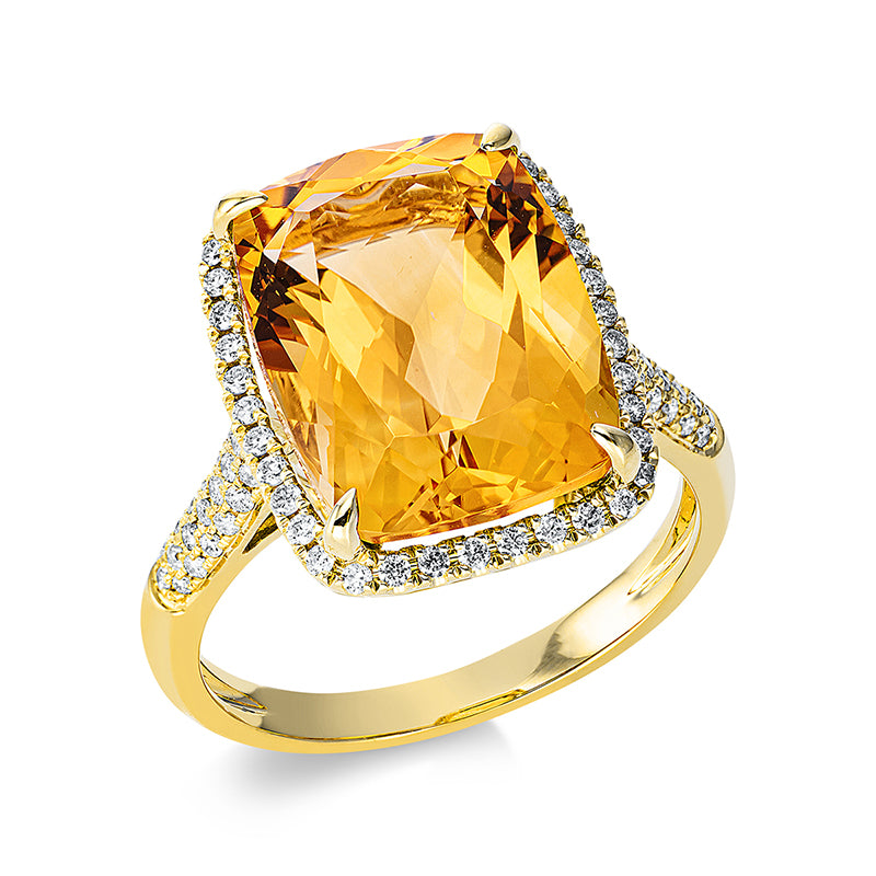 Ring 18 kt GG, 76 Brill. 0,37 ct, TW-si, 1 Citrin 7,10 ct gelb