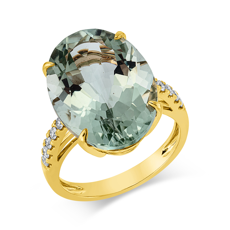 Ring 18 kt GG, 10 Brill. 0,20 ct, TW-si, 1 Amethyst 12,10 ct grün