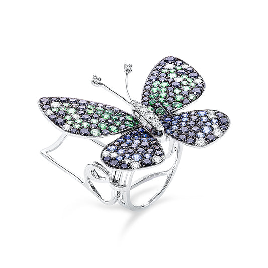 Ring 18 kt WG, 26 Brill. 0,67 ct, TW-vsi/si, 82 Brill. 2,37 ct, schwarz, 82 Farbsteine 2,44 ct multicolor